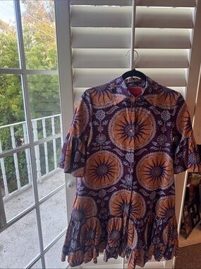 LA DoubleJ Purple and Orange Medallion Ruffle-Hem Mini Dress